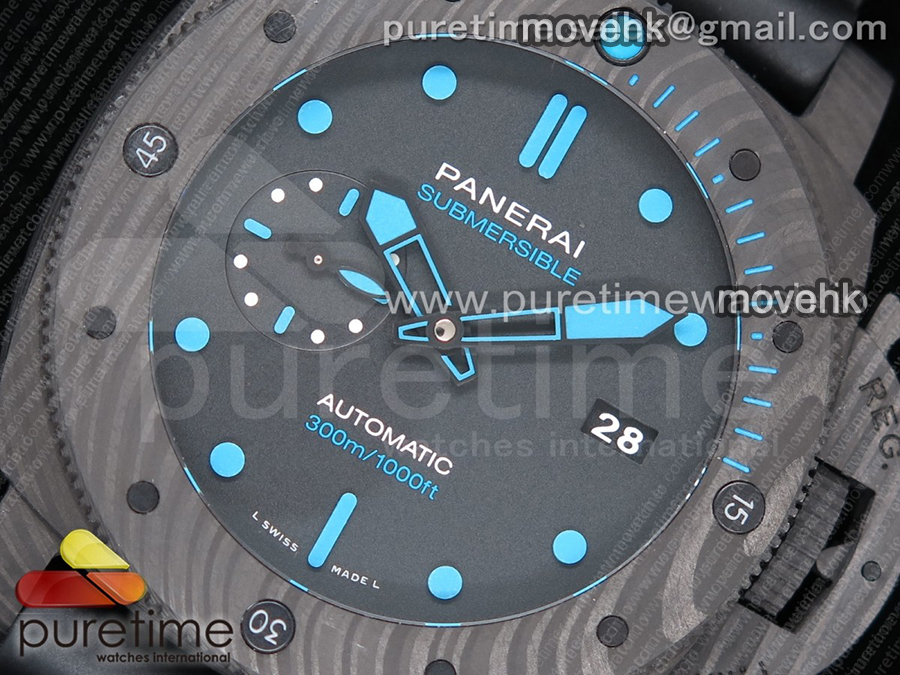 파네라임 팸1616 카보테크 47mm 블랙 다이얼 | PAM1616 Carbotech 47mm VSF Best Edition Black Dial Blue Markers on Rubber Strap P.9010 Clone