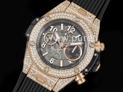 휴블럿 빅뱅 유니코 로즈골드 풀 다이아몬드 스켈레톤 다이얼 | Hublot Big Bang Unico RG Full Diamonds ZF 1:1 Best Edition Skeleton Dial on Black Rubber Strap A1280