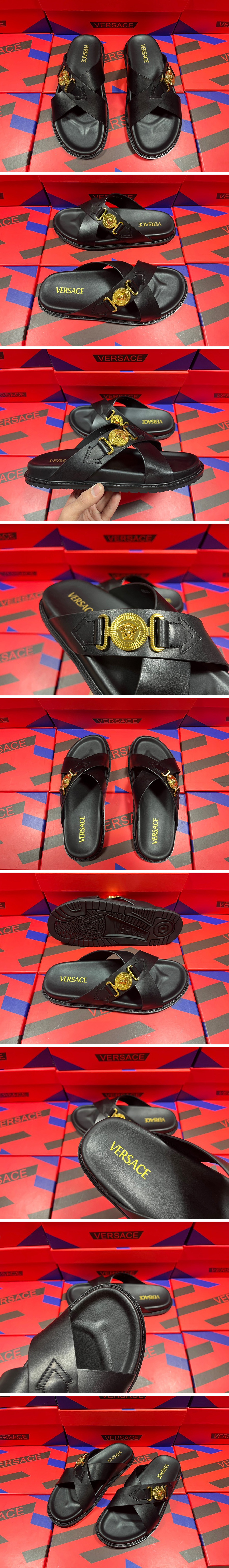 [홍콩명품.VERSACE] 베르사체 23SS 로고 금장 장식 가죽 슬리퍼, SE1554, S3, 무브타임사이트,인터넷명품쇼핑몰,남자명품,슈즈,신발