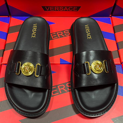 [홍콩명품.VERSACE] 베르사체 23SS 로고 금장 장식 가죽 슬리퍼, SE1556, S3, 무브타임사이트,인터넷명품쇼핑몰,남자명품,슈즈,신발