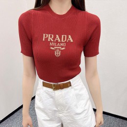 [홍콩명품,PRADA] 프라다 24SS 로고 여성 슬림핏 니트 반팔 티셔츠 (레드), BM14806, TBG, 홍콩명품의류,구매대행,온라인명품