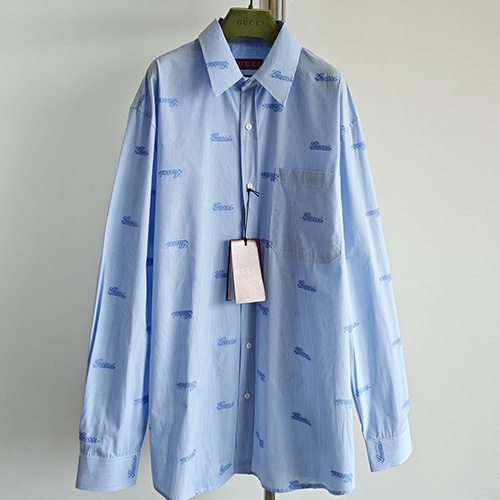 [홍콩명품.Gucci] 구찌 25SS 로고 패턴 스트라이프  남방 셔츠 (스카이블루), BM19508, JU, 홍콩명품의류,구매대행,온라인명품