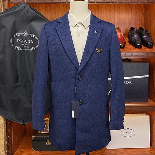 [홍콩명품,PRADA] 프라다 25SS 로고 브로치 캐시미어 울 코트 자켓 (블루), BM19937, S1F, 홍콩명품의류,구매대행,온라인명품