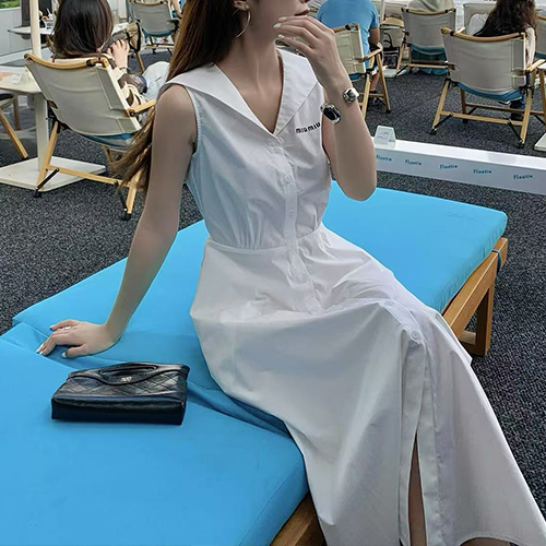 [홍콩명품,MIU MIU] 미우미우 25SS 로고 자수 여성 슬리브리스 셔츠 원피스 (화이트), BM20358, TBG, 홍콩명품의류,구매대행,온라인명품