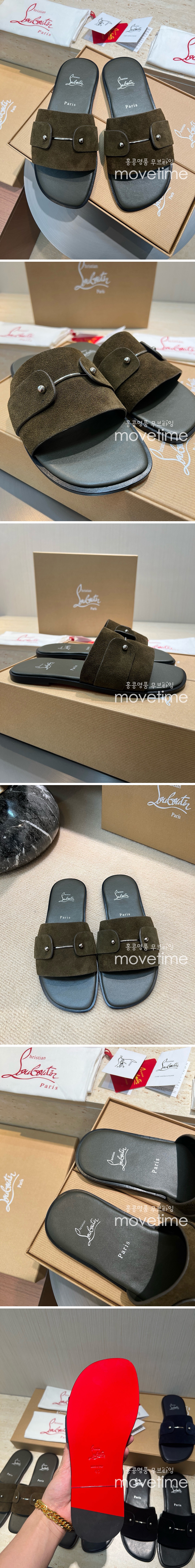 [홍콩명품.Christian Louboutin] 크리스챤루부탱 25SS 로고 레더 가죽 샌들 슬리퍼 (카키), SE4895, S2, 명품스니커즈,운동화,구두,로퍼,하이탑,신발