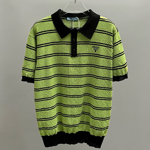 [홍콩명품,PRADA] 프라다 25SS 로고 스트라이프 카라 폴로 니트 반팔 티셔츠 (그린), BM20690, JU, 홍콩명품의류,구매대행,온라인명품