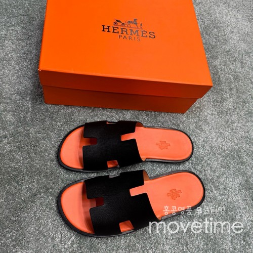 [홍콩명품.Hermes] 에르메스 25SS 로고 이즈미르 레더 가죽 슬리퍼 (블랙-오렌지), SE5233, GHS, 명품스니커즈,운동화,구두,로퍼,하이탑,신발