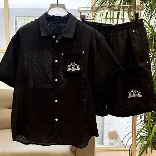 [명품레플리카.LOUIS VUITTON] 루이비통 25SS 로고 자수 린넨 반팔 남방 셔츠 + 린넨 쇼츠 반바지 상하의 세트 (2컬러), BM21165, G5, 홍콩명품의류,구매대행,온라인명품