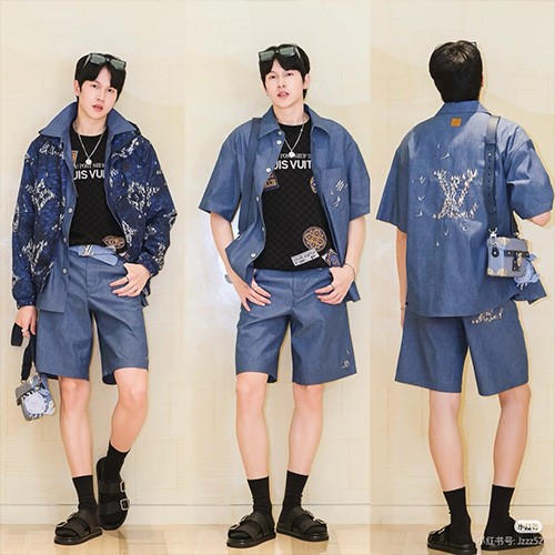 [명품레플리카.LOUIS VUITTON] 루이비통 25SS 로고 데님 반팔 남방 셔츠 + 데님 쇼츠 반바지 상하의 세트, BM21224, KB, 홍콩명품의류,구매대행,온라인명품