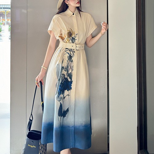 [홍콩명품,Christian Dior] 디올 25SS 로고 여성 플라워 패턴 반팔 롱 원피스 (아이보리), BM21981, MC, 레플리카의류,미러급사이트