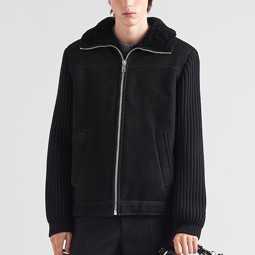 [홍콩명품,PRADA] 프라다 25SS 로고 레더 가죽 레이어드 카라 봄버 자켓 (블랙), BM22832, TOM, 레플리카의류,미러급사이트