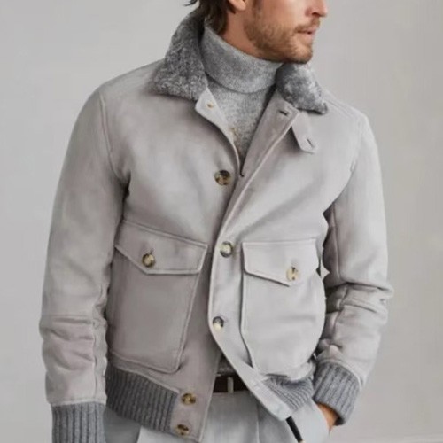 [홍콩명품.Brunello Cucinelli ] 브루넬로 쿠치넬리 25SS 로고 시어링 레더 가죽 봄버 자켓 (그레이), BM23056, TOM, 레플리카의류,미러급사이트