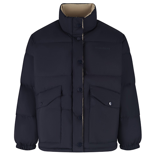 [홍콩명품,MIU MIU] 미우미우 25SS 로고 터틀넥 리버서블 다운 패딩 자켓 (네이비-베이지), BM23133, JL, 레플리카의류,미러급사이트