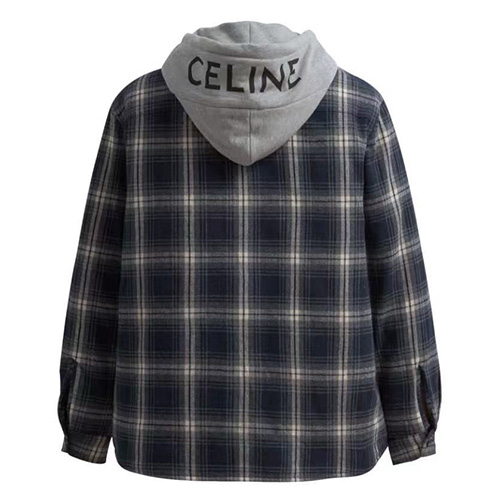 [홍콩명품.CELINE] 셀린느 25SS 로고 체크패턴 울 후드 솜패딩 남방 셔츠 (네이비), BM23159, JL, 레플리카의류,미러급사이트