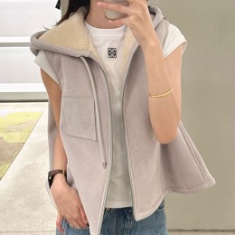 [홍콩명품.LOEWE] 로에베 25SS 로고 여성 레더 가죽 후드 집업 조끼 베스트 (그레이), BM23276, MC, 레플리카의류,미러급사이트