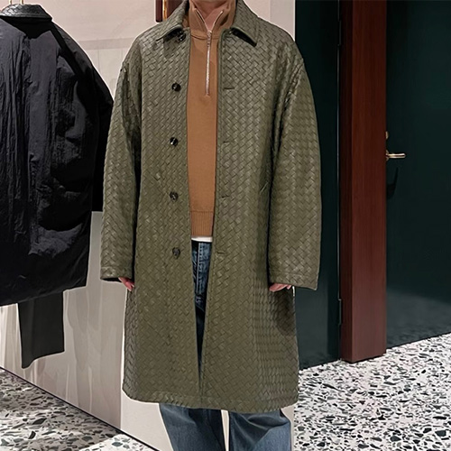 [홍콩명품.BOTTEGA VENETA] 보테가베네타 25SS 로고 인트레치아토 레더 가죽 코트 자켓 (카키), BM23593, TOM, 레플리카의류,미러급사이트