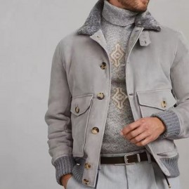 [홍콩명품.Brunello Cucinelli ] 브루넬로 쿠치넬리 25SS 로고 시어링 레더 가죽 봄버 자켓 (그레이), BM23818, TOM, 레플리카의류,미러급사이트