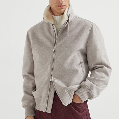 [홍콩명품.Brunello Cucinelli ] 브루넬로 쿠치넬리 25SS 로고 시어링 캐시미어 봄버 자켓 (그레이), BM23823, PG, 레플리카의류,미러급사이트