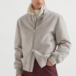 [홍콩명품.Brunello Cucinelli ] 브루넬로 쿠치넬리 25SS 로고 시어링 캐시미어 봄버 자켓 (그레이), BM23823, PG, 레플리카의류,미러급사이트