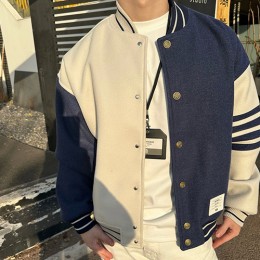 [홍콩명품.THOME BROWNE] 톰브라운 25SS 로고 4바 캐시미어 봄버 자켓 (아이보리-네이비), BM24040, KK, 레플리카의류,미러급사이트