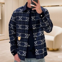 [홍콩명품.LOUIS VUITTON] 루이비통 25SS 로고 체크패턴 울 남방 셔츠 (네이비), BM24054, KK, 레플리카의류,미러급사이트