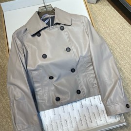 [홍콩명품.Brunello Cucinelli ] 브루넬로 쿠치넬리 25SS 로고 여성 레더 가죽 카라 자켓 (그레이), BM24079, PG, 레플리카의류,미러급사이트