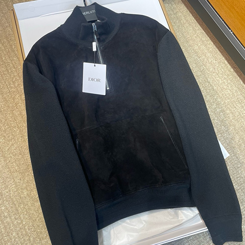 [홍콩명품,Christian Dior] 디올 25SS 로고 하이넥 하프지퍼 레더 가죽 캐시미어 레이어드 아노락 티셔츠 (블랙), BM24103, PG, 레플리카의류,미러급사이트