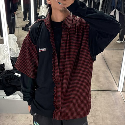 [홍콩명품.BALENCIAGA] 발렌시아가 26SS 로고 체크패턴 레이어드 2톤 빈티지 남방 셔츠 (레드-블랙), BM25240, KK, 무료배송