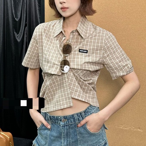 미우미우 로고 여성 체크패턴 반팔 남방 셔츠 (베이지) 26SS