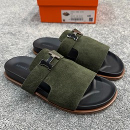 에르메스 로고 레더 가죽 슬리퍼 (카키) 26SS