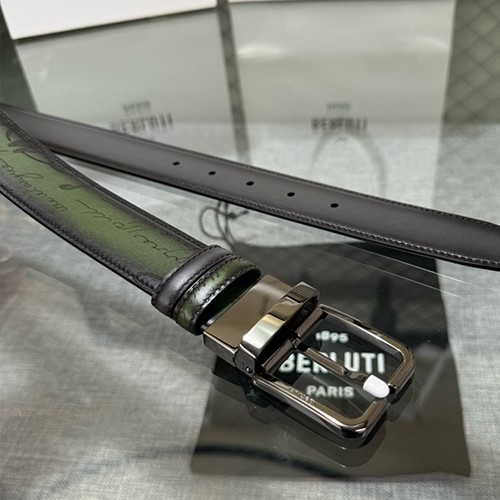 벨루티 로고 베네치아 스크리토 레더 가죽 리버서블 3.5cm 벨트 (그린-그레이-은장) 26SS