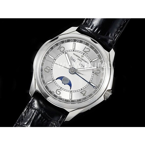 바쉐론콘스탄틴 제네바 데이데이트 문페이즈 다이얼 | Fiftysix Complete Calendar SS 40mm ZF 1:1 Best Edition Silver Dial on Black Leather Strap A2460