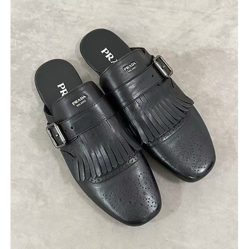 [홍콩명품,PRADA] 프라다 25SS 로고 SHUFFLE 레더 가죽 뮬 슬리퍼 (블랙), SE5314, JL, 명품스니커즈,운동화,구두,로퍼,하이탑,신발