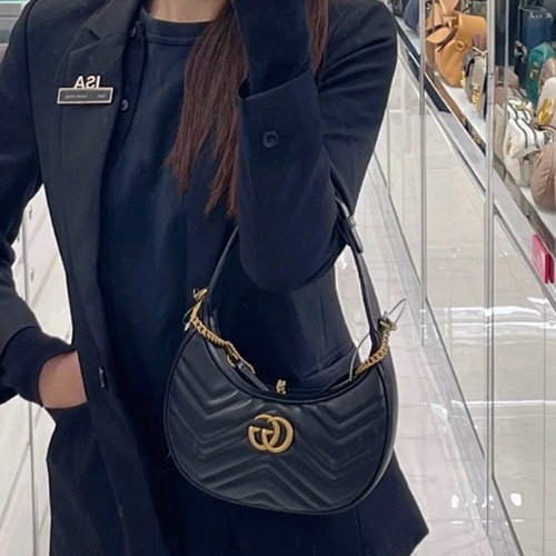 [홍콩명품.Gucci] 구찌 25SS 로고 GG 마몽 하프 문 쉐이프 미니백 블랙 레더 699514, BGM5031, GU2, 홍콩명품가방,명품쇼핑몰,크로스백,핸드백,구매대행