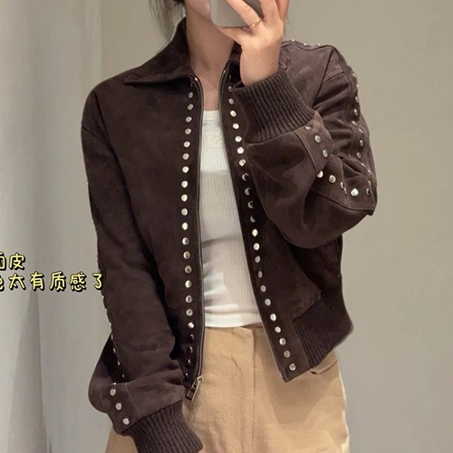 [홍콩명품.LOEWE] 로에베 25SS 로고 여성 레더 가죽 카라 봄버 자켓 (브라운), BM22900, PG, 레플리카의류,미러급사이트