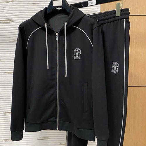 [홍콩명품.Brunello Cucinelli ] 브루넬로 쿠치넬리 25SS 로고 자수 후드 집업 자켓 + 조거 팬츠 바지 상하의 세트 (블랙), BM23519, G5, 레플리카의류,미러급사이트