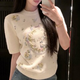 디올 로고 여성 니트 반팔 티셔츠 (아이보리) 26SS