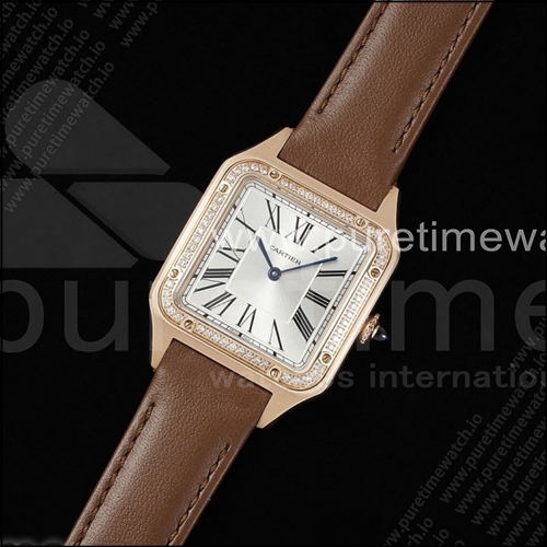 까르띠에 산토스 듀몽 31.4mm 로즈 골드 AF 1:1 베스트 에디션 실버 다이얼 다이아몬드 베젤 브라운 가죽 스트랩 A157