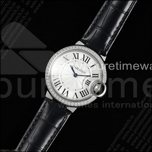 까르띠에 발롱 블루 33mm 스테인리스 스틸 AF 1:1 베스트 에디션 화이트 다이얼 다이아몬드 베젤 블랙 가죽 스트랩 론다 쿼츠 시계