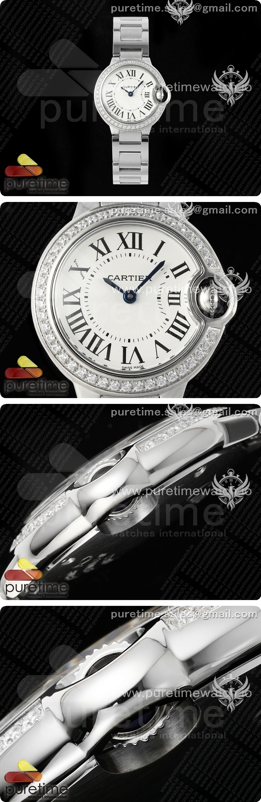 까르띠에 발롱 블루 여성용 28mm 스테인리스 스틸 AF 1:1 베스트 에디션 화이트 다이얼 다이아몬드 베젤 스테인리스 스틸 브레이슬릿 론다 쿼츠 시계 상세이미지 3