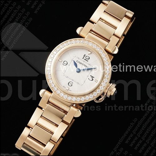 까르띠에 파샤 30mm 로즈골드 AF 1:1 베스트 에디션 화이트 텍스처 다이얼 다이아몬드 베젤 RG 브레이슬릿 Jaq 쿼츠