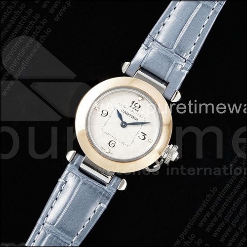 까르띠에 파샤 30mm 실버/로즈골드 AF 1:1 베스트 에디션 화이트 텍스처 다이얼 블루 가죽 스트랩 Jaq 쿼츠