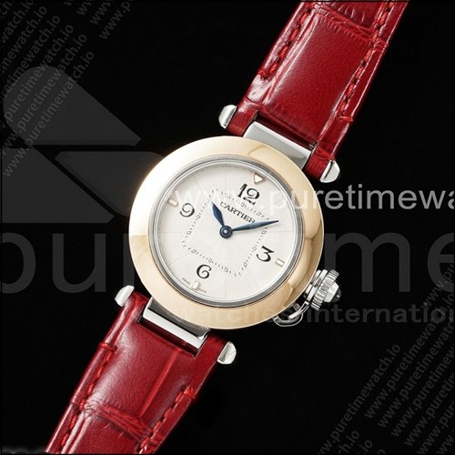 까르띠에 파샤 30mm 실버/로즈골드 AF 1:1 베스트 에디션 화이트 텍스처 다이얼 레드 가죽 스트랩 Jaq 쿼츠