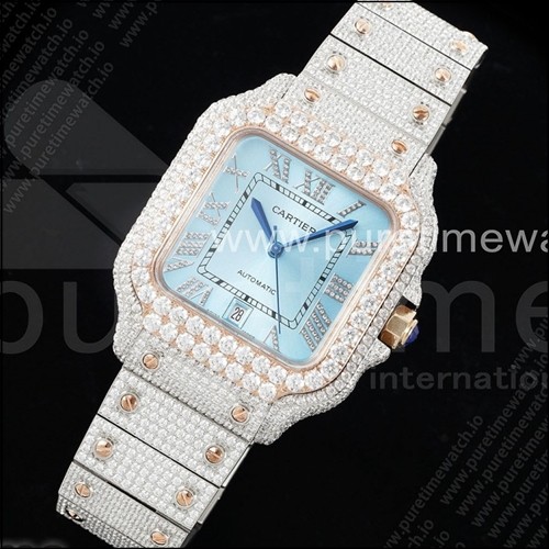 까르띠에 산토스 40mm 풀 다이아몬드 스테인리스 스틸/로즈 골드 TWF 베스트 에디션 블루 로마 숫자 다이얼 브레이슬릿 미요타 9015