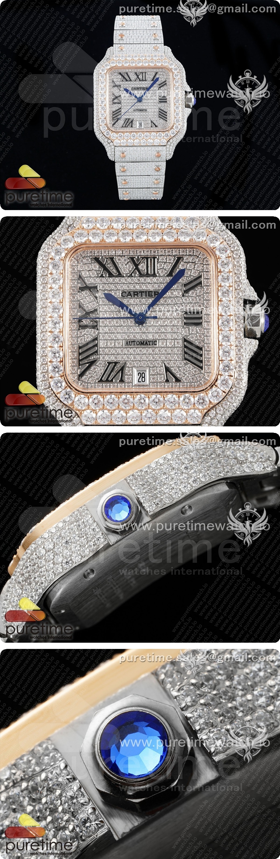 까르띠에 산토스 40mm 풀 다이아몬드 스테인레스스틸/로즈골드 TWF 베스트 에디션 SS 다이아몬드 로마 숫자 다이얼 브레이슬릿 MIYOTA 9015 상세이미지 3