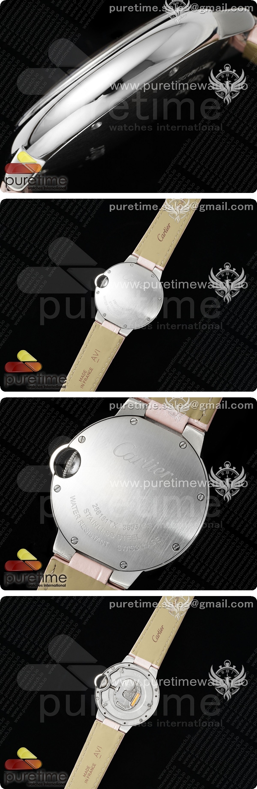 까르띠에 발롱 블루 여자 33mm 스테인리스 스틸 AF 1:1 핑크 텍스처 다이얼 핑크 가죽 스트랩 론다 쿼츠 시계 상세이미지 4