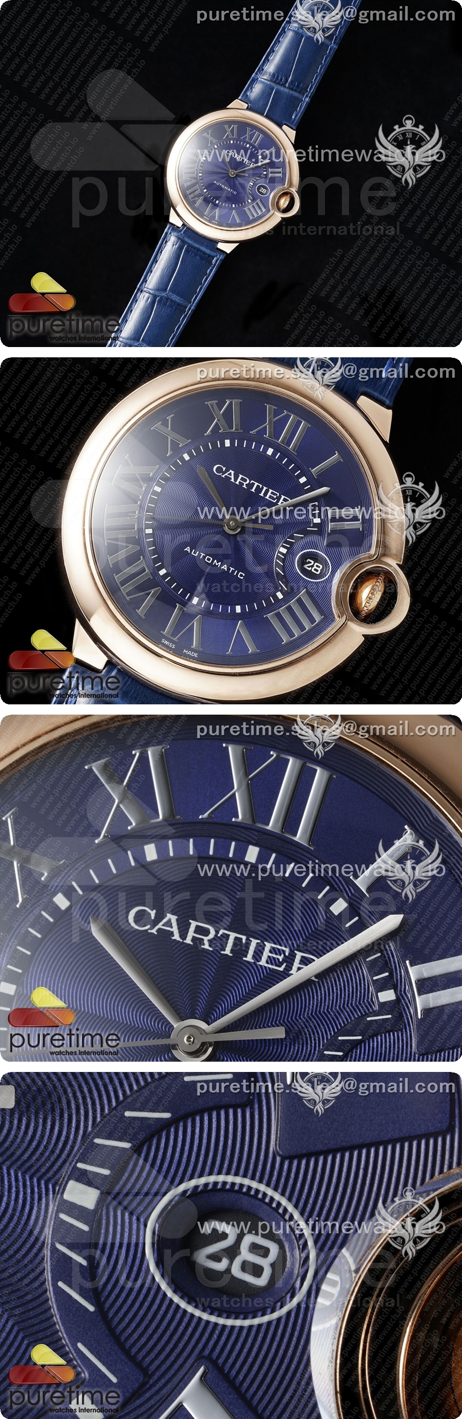 까르띠에 발롱블루 42mm 로즈골드 AF 1:1 블루 텍스처 다이얼, 블루 가죽 스트랩 A2824 V5 상세이미지 2