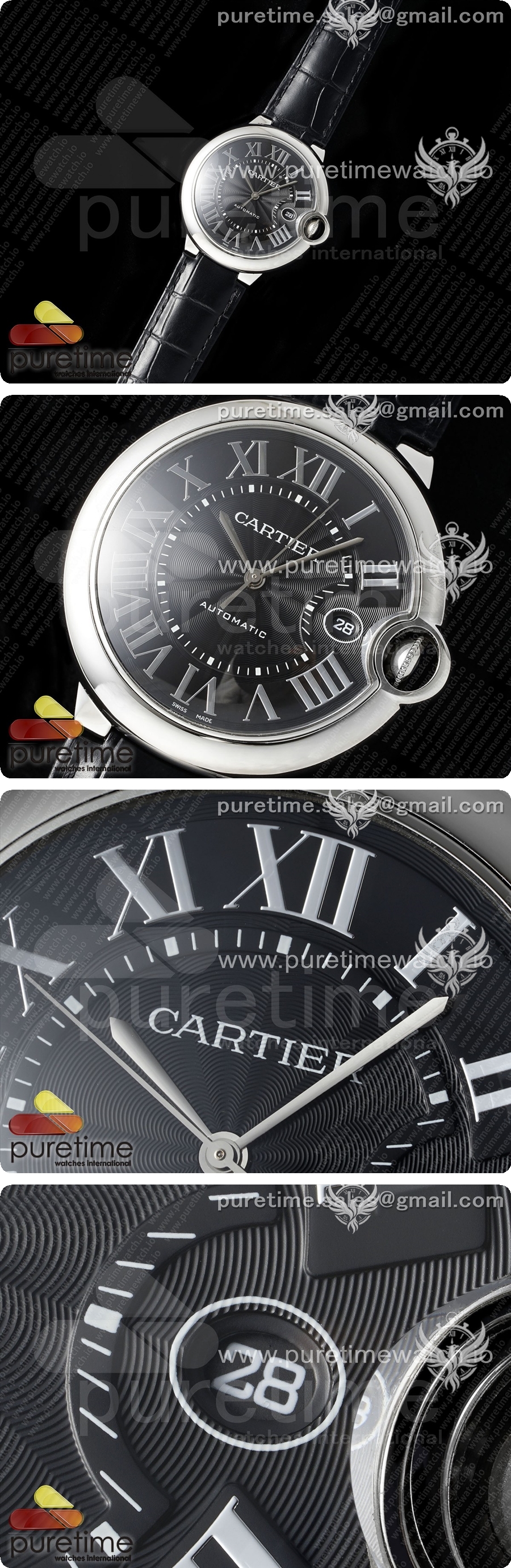 까르띠에 발롱블루 42mm 스테인리스 스틸 AF 1:1 블랙 텍스처 다이얼 블랙 가죽 스트랩 A2824 V5 상세이미지 2