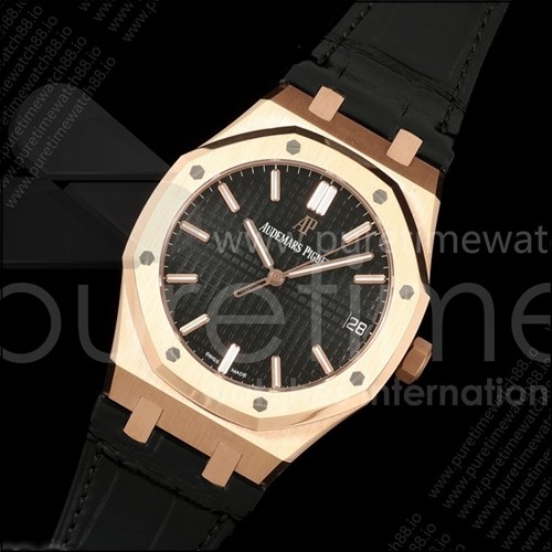 오데마피게 로얄 오크 41mm 15500 로즈골드 DDF 1:1 블랙 다이얼 블랙 가죽 스트랩 DD4302 슈퍼 클론
